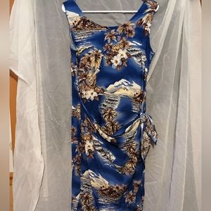 Hilo Hattie Hawaiian shift wrap dress blue sleeveless Tropical Floral Palms Med